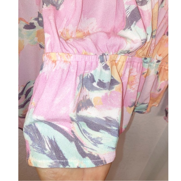 JEN’S PIRATE BOOTY Floral Deep V Neck Pink Peplum Blouse blouson sleeves SZ: XS - Picture 10 of 13